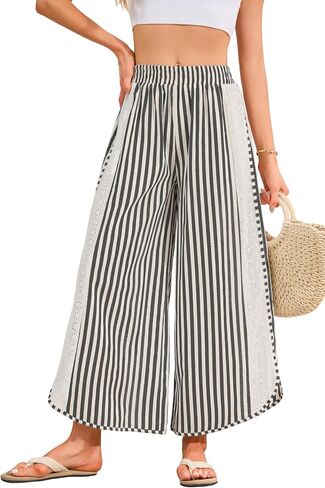 Women Striped Wide Leg Pants Summer Casual Elastic Waisted Baggy Pants Beach Boho Loose Lounge Palazzo Trousers in Kuwait