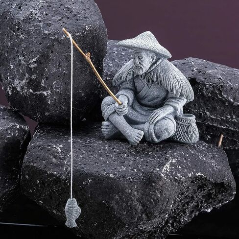 Sandstone Mini Fisherman Statue Old Man Figurine Sitting Fishing Elder Sculpture Asian Zen Decoration Vintage Ornament for Fish Tank Pot Garden Home - Style C in Saudi Arabia
