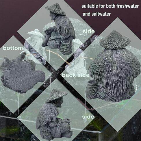 Sandstone Mini Fisherman Statue Old Man Figurine Sitting Fishing Elder Sculpture Asian Zen Decoration Vintage Ornament for Fish Tank Pot Garden Home - Style C in Saudi Arabia