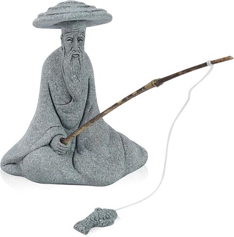 Sandstone Mini Fisherman Statue Old Man Figurine Sitting Fishing Elder Sculpture Asian Zen Decoration Vintage Ornament for Fish Tank Pot Garden Home - Style C in Saudi Arabia