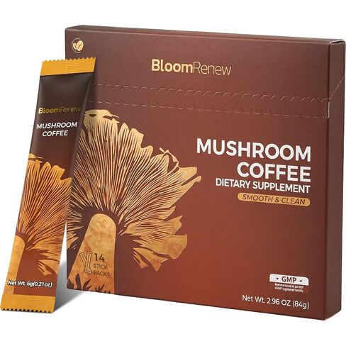 BloomRenew Mushroom Coffee, No Earthy Aftertaste Instant Coffee with Fruiting Body Extract Lion's Mane & Turkey Tail for Focus, Energy, Quick Dissolve, 14 Travel Stick Packs in Saudi Arabia