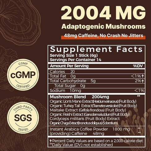 BloomRenew Mushroom Coffee, No Earthy Aftertaste Instant Coffee with Fruiting Body Extract Lion's Mane & Turkey Tail for Focus, Energy, Quick Dissolve, 14 Travel Stick Packs in Saudi Arabia