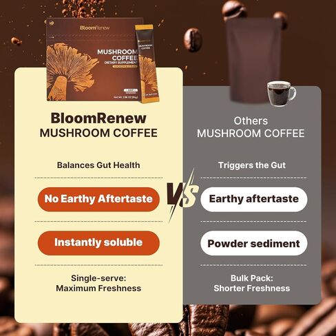 BloomRenew Mushroom Coffee, No Earthy Aftertaste Instant Coffee with Fruiting Body Extract Lion's Mane & Turkey Tail for Focus, Energy, Quick Dissolve, 14 Travel Stick Packs in Saudi Arabia