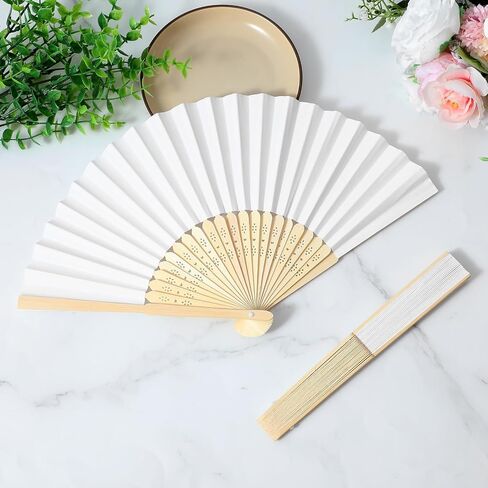 50Pcs White Paper Fans for Wedding Guest, 8 Inch Blank Paper Fans Bulk for Line Dancing Hand Fan Bamboo Folding,Papers Fan Handheld for Guest Dancing Party DIY Craft Photo Props Wall Decoration in Kuwait