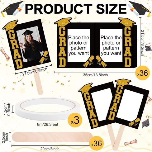 TaoBary 36 Set DIY Graduation Fans Handheld Set for 4x6 Inch Pictures Class of 2026 Double Sided Big Personalized Fans Photo Props Head Cutout Fan for 2026 Grad Picture Frame Party Supplies (Black) in Kuwait