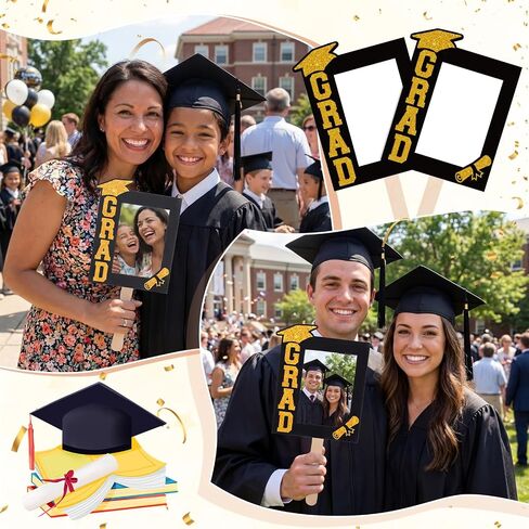 TaoBary 36 Set DIY Graduation Fans Handheld Set for 4x6 Inch Pictures Class of 2026 Double Sided Big Personalized Fans Photo Props Head Cutout Fan for 2026 Grad Picture Frame Party Supplies (Black) in Kuwait