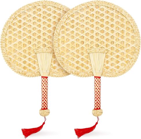 Goaste 2 Packs Hand Woven Round Wheat Straw Fans, Natural Handheld Fan for Summer Cooling, Rustic Chinese Manual Fan for Wedding Palm, Home Decor, Photo Prop, Elderly Travel Supplies & Personal Gift in Kuwait