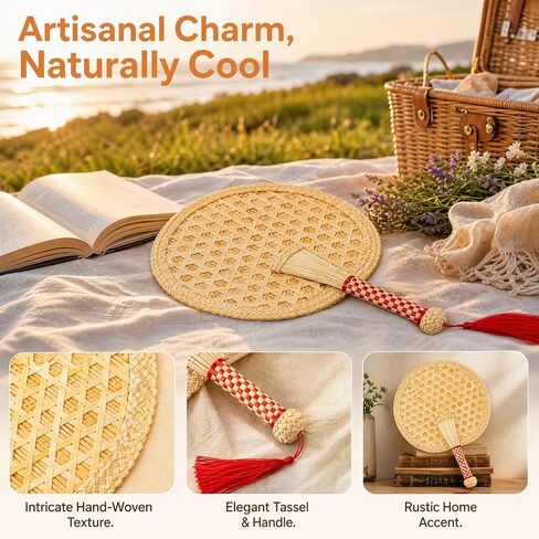 Goaste 2 Packs Hand Woven Round Wheat Straw Fans, Natural Handheld Fan for Summer Cooling, Rustic Chinese Manual Fan for Wedding Palm, Home Decor, Photo Prop, Elderly Travel Supplies & Personal Gift in Kuwait