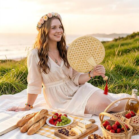 Goaste 2 Packs Hand Woven Round Wheat Straw Fans, Natural Handheld Fan for Summer Cooling, Rustic Chinese Manual Fan for Wedding Palm, Home Decor, Photo Prop, Elderly Travel Supplies & Personal Gift in Kuwait