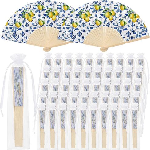 50 Pcs Capri Lemon Paper Fans Bulk with Organza Bag Blue Tile Lemon Party Favor for Guest Amalfi Coast Mediterranean Folding Fan Handheld for Italian Summer Bridal Shower Wedding Party Decor in Kuwait