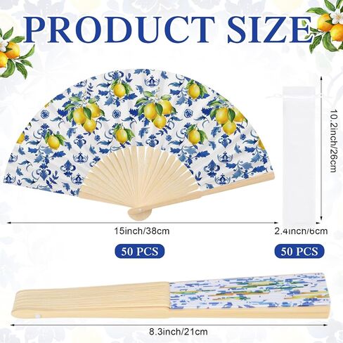 50 Pcs Capri Lemon Paper Fans Bulk with Organza Bag Blue Tile Lemon Party Favor for Guest Amalfi Coast Mediterranean Folding Fan Handheld for Italian Summer Bridal Shower Wedding Party Decor in Kuwait