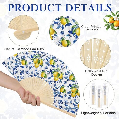 50 Pcs Capri Lemon Paper Fans Bulk with Organza Bag Blue Tile Lemon Party Favor for Guest Amalfi Coast Mediterranean Folding Fan Handheld for Italian Summer Bridal Shower Wedding Party Decor in Kuwait