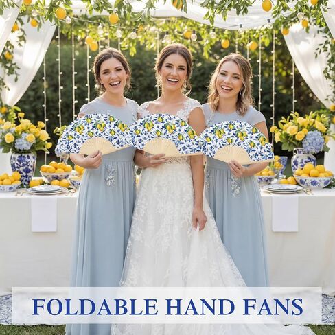 50 Pcs Capri Lemon Paper Fans Bulk with Organza Bag Blue Tile Lemon Party Favor for Guest Amalfi Coast Mediterranean Folding Fan Handheld for Italian Summer Bridal Shower Wedding Party Decor in Kuwait