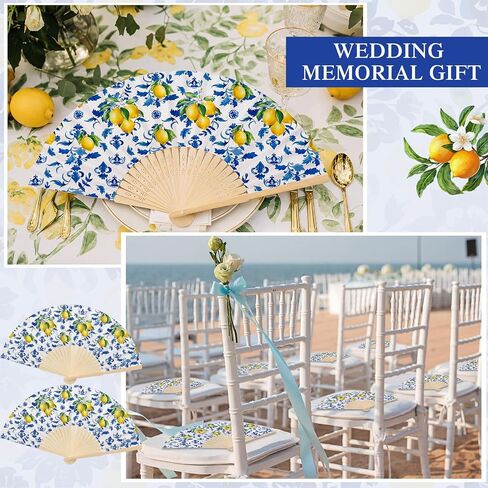 50 Pcs Capri Lemon Paper Fans Bulk with Organza Bag Blue Tile Lemon Party Favor for Guest Amalfi Coast Mediterranean Folding Fan Handheld for Italian Summer Bridal Shower Wedding Party Decor in Kuwait