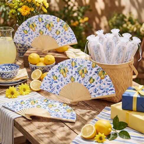 50 Pcs Capri Lemon Paper Fans Bulk with Organza Bag Blue Tile Lemon Party Favor for Guest Amalfi Coast Mediterranean Folding Fan Handheld for Italian Summer Bridal Shower Wedding Party Decor in Kuwait