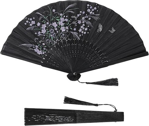 Folding Hand Fan for Women, Black Handheld Fan with Tassel, Chinese Handheld Decorative Foldable Fans for Weddings Parties Dancing Home Decor in Saudi Arabia