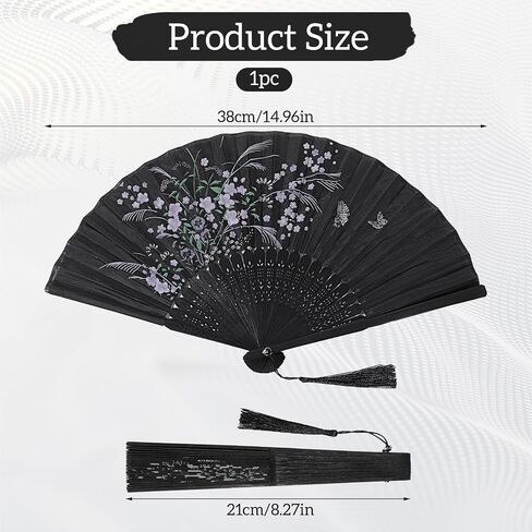 Folding Hand Fan for Women, Black Handheld Fan with Tassel, Chinese Handheld Decorative Foldable Fans for Weddings Parties Dancing Home Decor in Saudi Arabia