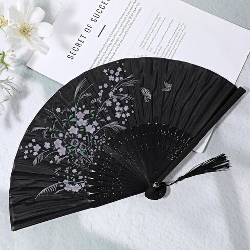 Folding Hand Fan for Women, Black Handheld Fan with Tassel, Chinese Handheld Decorative Foldable Fans for Weddings Parties Dancing Home Decor in Saudi Arabia