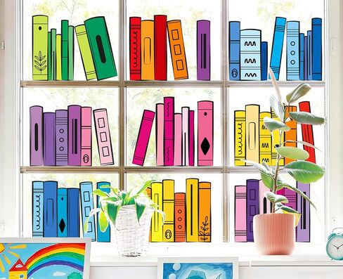 Whaline 9 Sheets Back to School Window Clings Colorful Bookshelf Window Decal Rainbow Color Books Reusable Anti-Collision Glass Sticker for First Day of School Classroom Decor in Kuwait