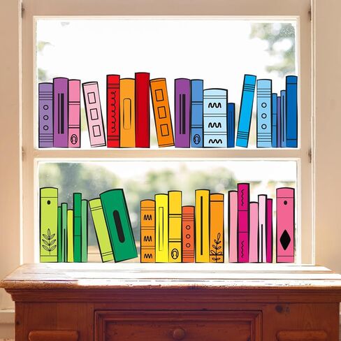 Whaline 9 Sheets Back to School Window Clings Colorful Bookshelf Window Decal Rainbow Color Books Reusable Anti-Collision Glass Sticker for First Day of School Classroom Decor in Kuwait