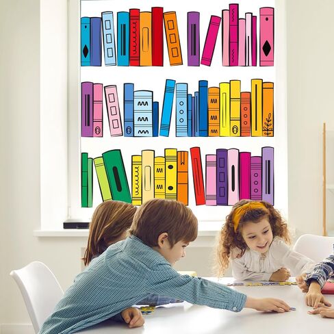 Whaline 9 Sheets Back to School Window Clings Colorful Bookshelf Window Decal Rainbow Color Books Reusable Anti-Collision Glass Sticker for First Day of School Classroom Decor in Kuwait