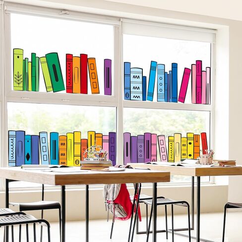 Whaline 9 Sheets Back to School Window Clings Colorful Bookshelf Window Decal Rainbow Color Books Reusable Anti-Collision Glass Sticker for First Day of School Classroom Decor in Kuwait