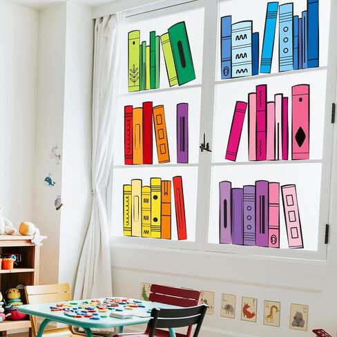 Whaline 9 Sheets Back to School Window Clings Colorful Bookshelf Window Decal Rainbow Color Books Reusable Anti-Collision Glass Sticker for First Day of School Classroom Decor in Kuwait