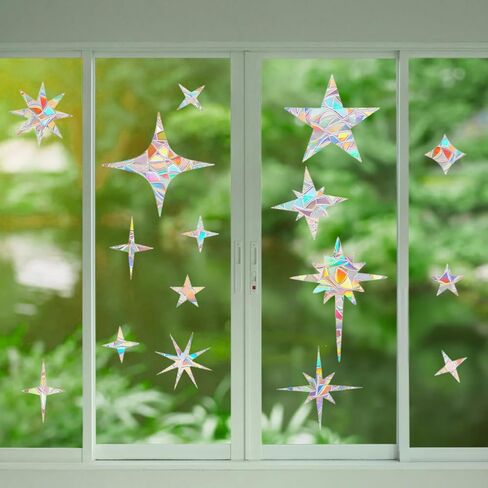 Window Decals Window Rainbow Decal Rainbow Sticker Glass Anti Collision Star Window Decals to Prevent Bird Strikes from Hitting Windows for Bird Sun Catcher Stickers Silver for Glass (Star-45) in Saudi Arabia