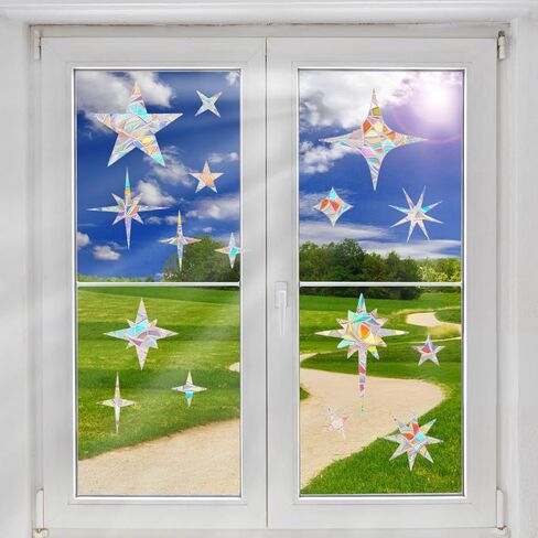 Window Decals Window Rainbow Decal Rainbow Sticker Glass Anti Collision Star Window Decals to Prevent Bird Strikes from Hitting Windows for Bird Sun Catcher Stickers Silver for Glass (Star-45) in Saudi Arabia
