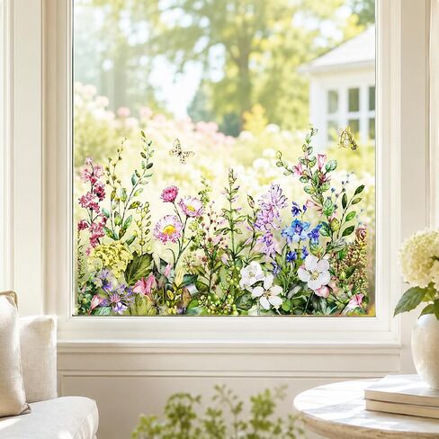 Watercolor Wildflower Window Clings, Reusable Removable Glass Stickers, Colorful Floral & Butterfly Window Decals for Home Kitchen, Classroom, Kids Room Spring Decor in Kuwait