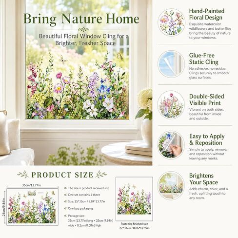 Watercolor Wildflower Window Clings, Reusable Removable Glass Stickers, Colorful Floral & Butterfly Window Decals for Home Kitchen, Classroom, Kids Room Spring Decor in Kuwait