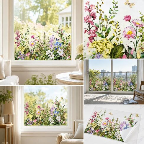 Watercolor Wildflower Window Clings, Reusable Removable Glass Stickers, Colorful Floral & Butterfly Window Decals for Home Kitchen, Classroom, Kids Room Spring Decor in Kuwait