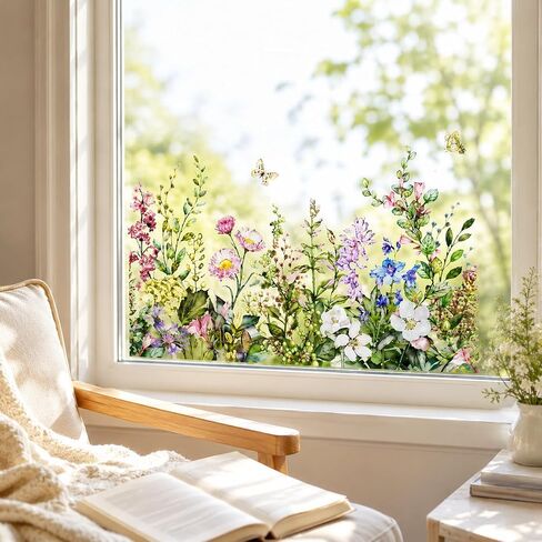 Watercolor Wildflower Window Clings, Reusable Removable Glass Stickers, Colorful Floral & Butterfly Window Decals for Home Kitchen, Classroom, Kids Room Spring Decor in Kuwait