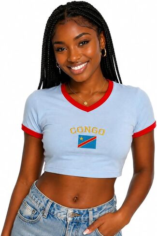 Congo DRC Women's Crop Top, Light Blue with Red Trim, Congolese Soccer Fan Shirt, Slim Fit, XL in Kuwait