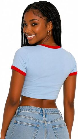 Congo DRC Women's Crop Top, Light Blue with Red Trim, Congolese Soccer Fan Shirt, Slim Fit, XL in Kuwait