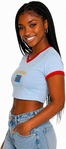 Congo DRC Women's Crop Top, Light Blue with Red Trim, Congolese Soccer Fan Shirt, Slim Fit, XL in Kuwait