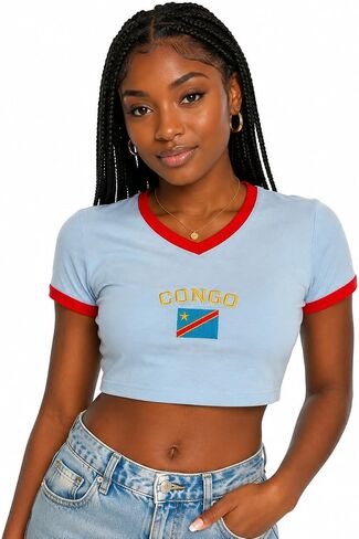 Congo DRC Women's Crop Top, Light Blue with Red Trim, Congolese Soccer Fan Shirt, Slim Fit, XL in Kuwait
