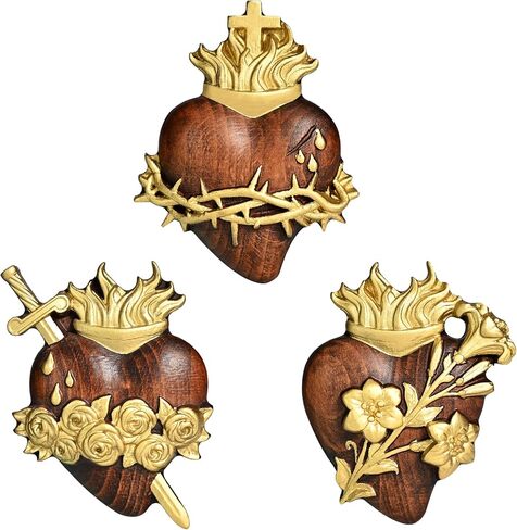 Three Sacred Hearts Wall Decor Wooden Sacred Heart of Jesus Immaculate Heart of Mary Most Chaste Heart of St.Joseph, Religious Handmade Holy Family Wall Art (4 Inch) in Saudi Arabia
