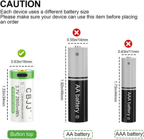 8 Pack Ni-MH Rechargeable 1634 Batteries, 2800mAh USB-C Green Button Top 16x34mm Ideal for Flashlights, Outdoor Lights & Electronic Toys in Saudi Arabia