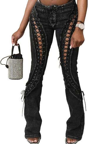 Women's Sexy Lace Up Flare Jeans Y2K Stretch Hollow Out Skinny Denim Pants Gothic Low Rise Jeans for Women Club in Saudi Arabia