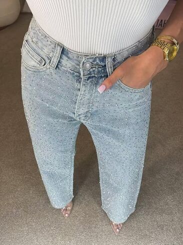 Women's Straight Leg Rhinestone Boyfried Denim Pants, Sparkly Bling Glitter Jeans in Saudi Arabia