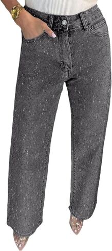 Women's Straight Leg Rhinestone Boyfried Denim Pants, Sparkly Bling Glitter Jeans in Saudi Arabia