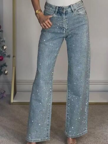 Women's Straight Leg Rhinestone Boyfried Denim Pants, Sparkly Bling Glitter Jeans in Saudi Arabia