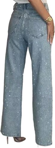 Women's Straight Leg Rhinestone Boyfried Denim Pants, Sparkly Bling Glitter Jeans in Saudi Arabia