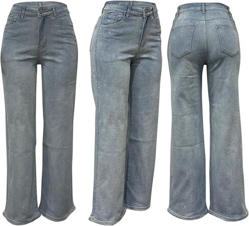 Women's Straight Leg Rhinestone Boyfried Denim Pants, Sparkly Bling Glitter Jeans in Saudi Arabia