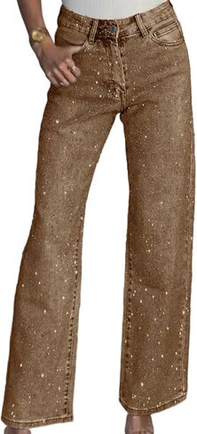 Women's Straight Leg Rhinestone Boyfried Denim Pants, Sparkly Bling Glitter Jeans in Saudi Arabia