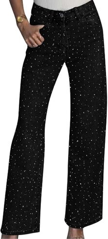 Women's Straight Leg Rhinestone Boyfried Denim Pants, Sparkly Bling Glitter Jeans in Saudi Arabia