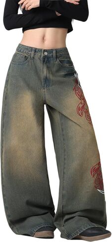 Baggy Women’s Wide Leg Jeans High Waisted Baggy Denim Pants Loose Fit Y2K Graphic Jeans Black in Kuwait