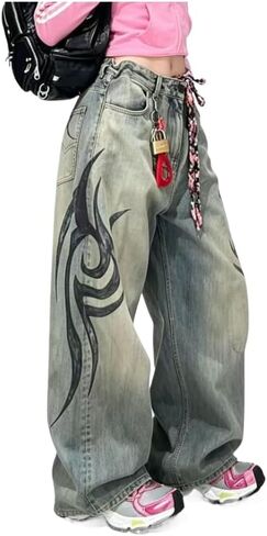 Unisex Y2K Baggy Jeans Vintage Washed High Waist Wide Leg Pants with Retro Totem Print Harajuku Hip Hop Streetwear in Kuwait