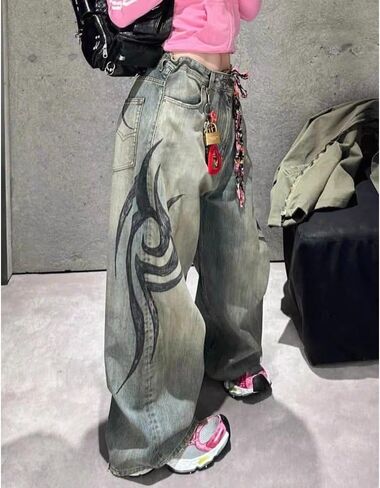 Unisex Y2K Baggy Jeans Vintage Washed High Waist Wide Leg Pants with Retro Totem Print Harajuku Hip Hop Streetwear in Kuwait